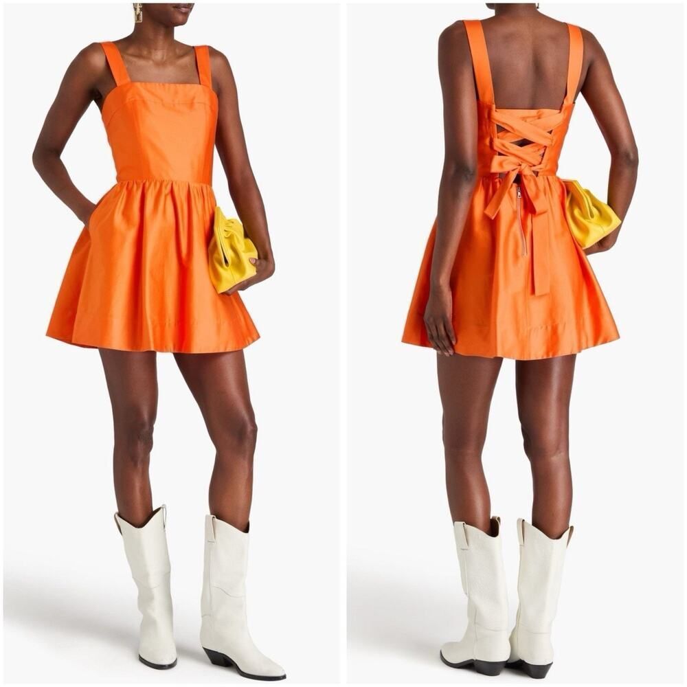 Alice + Olivia Saige Orange Cotton Lace Up Mini Dress Size 14